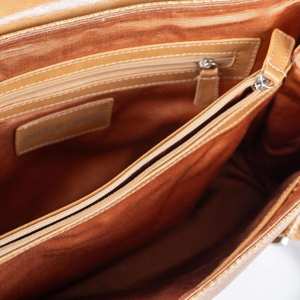 CHARLIE LAPSON Tan Leather Snake Satchel Handbag Purse - Picture 3 of 11